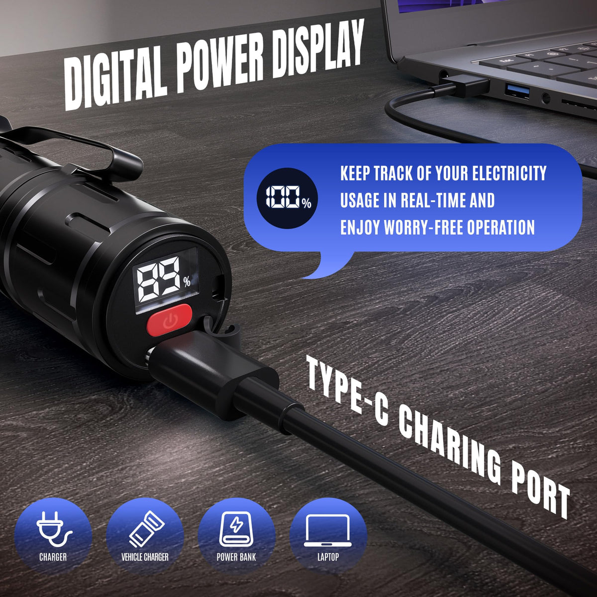 VMTENMV UV flashlight with LCD displays battery level in real time.