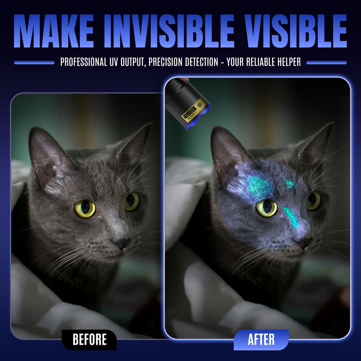 VMTENMV pet urine detection helps reveal stains on carpets.
