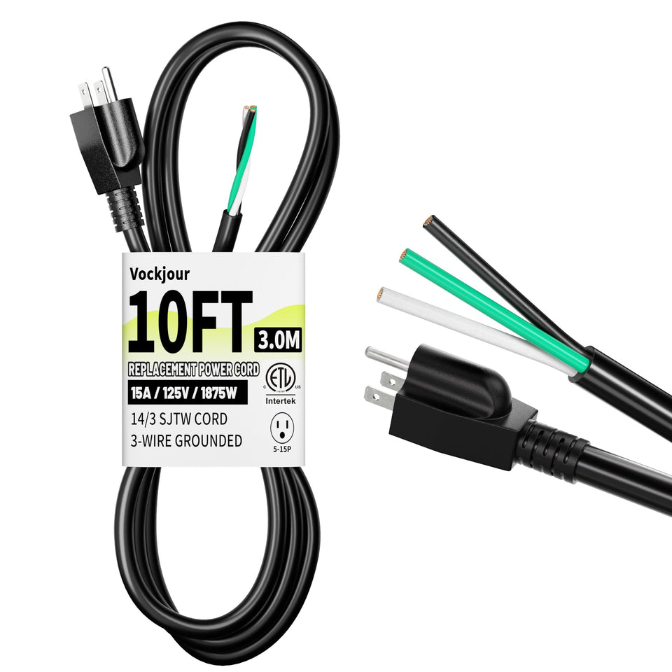 Vockjour 10 ft 14 AWG cord with three-prong plug for reliable appliance connections.