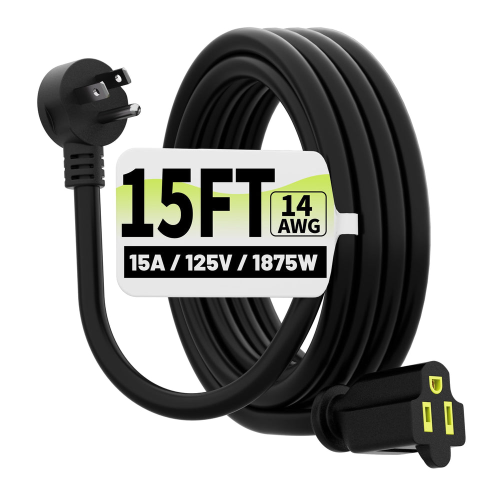 Vockjour 15 ft black flat-plug extension cord for tight spaces.