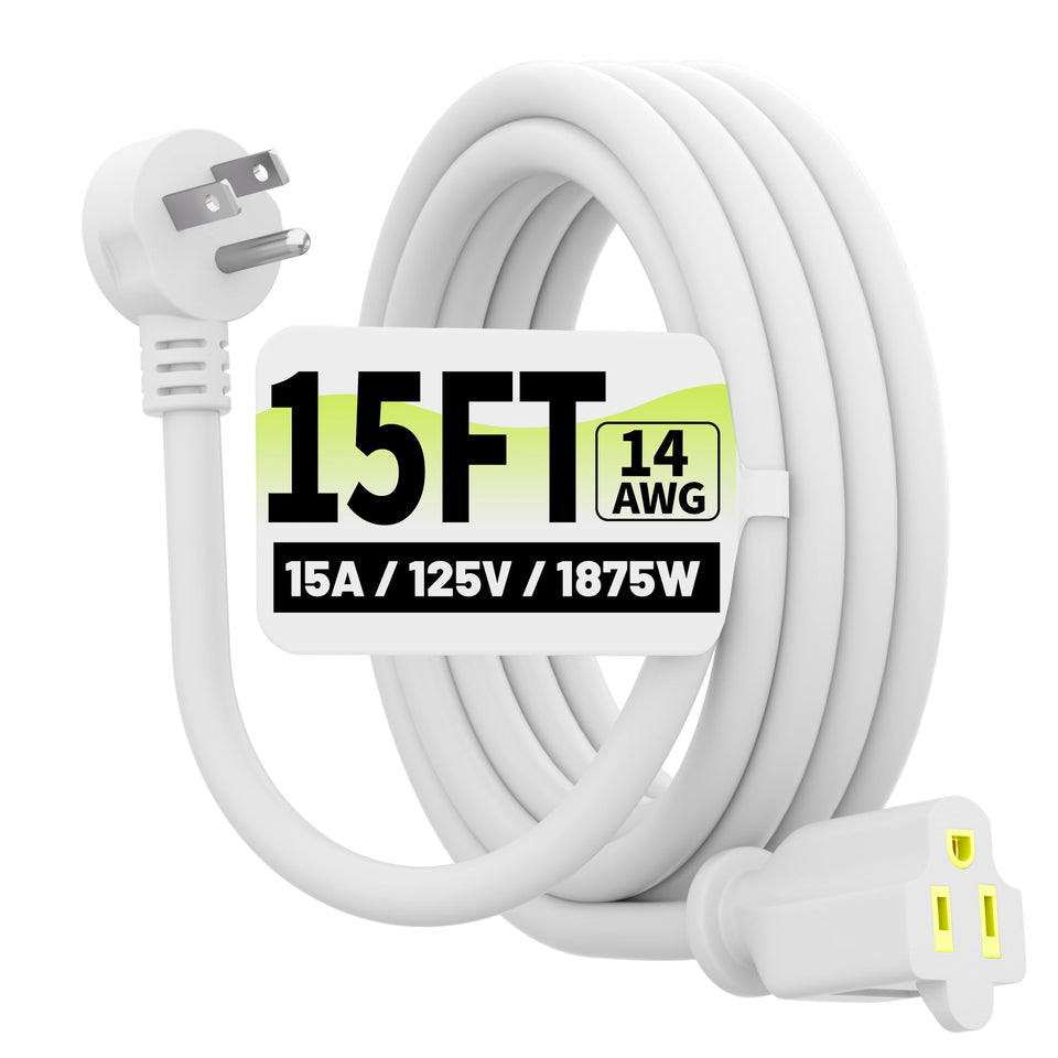 Vockjour 15 ft white flat-plug extension cord enables furniture to sit flush against walls.