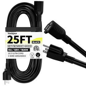 Vockjour extension cord with 16/3 black 25 ft for indoor and outdoor use, weatherproof.