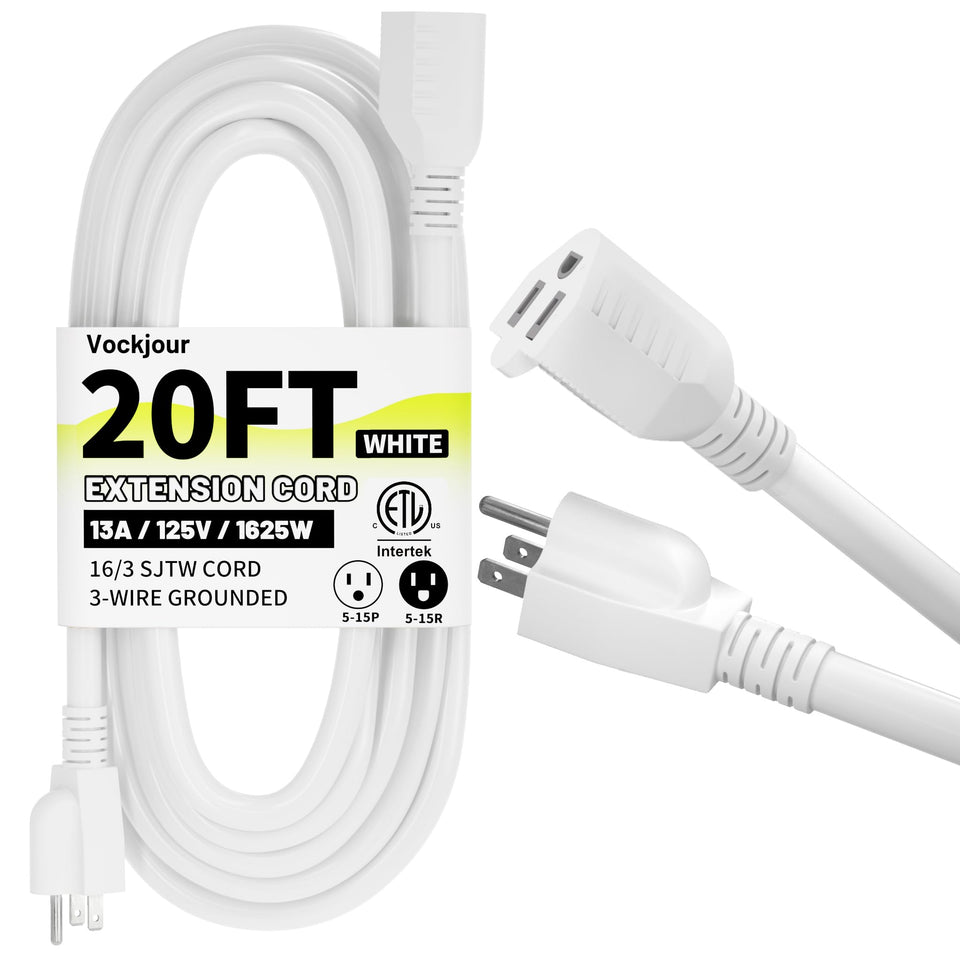 Vockjour 16-3 white extension cord 20ft for indoor and outdoor use