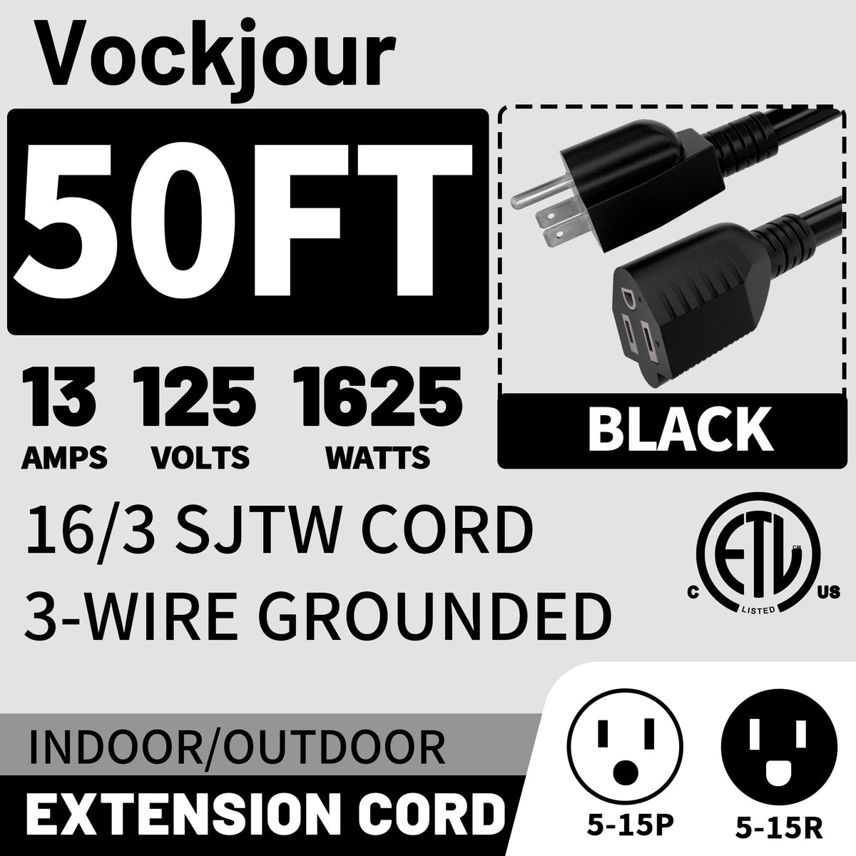 Vockjour extension cord with 3-prong grounded plug for safe power connections.
