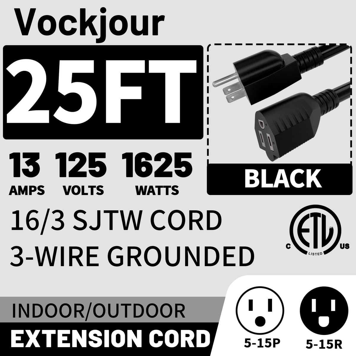 Vockjour outdoor-indoor extension cord 25 ft waterproof for tools and devices.