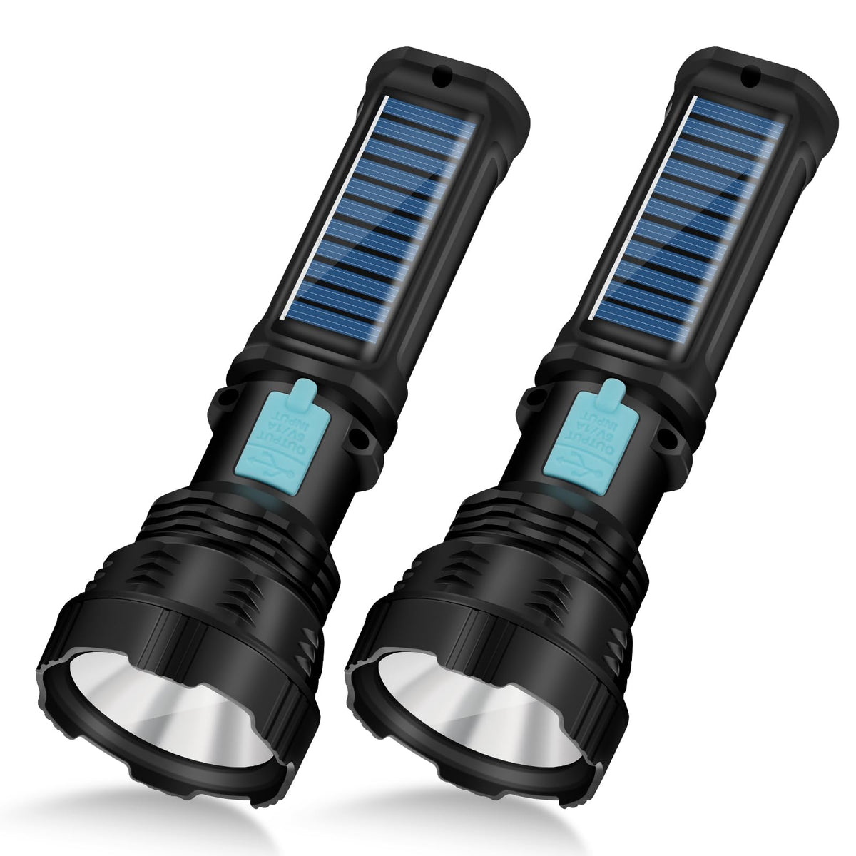 VOETIR LED solar flashlight front view shows 1500lm brightness for outdoor adventures.