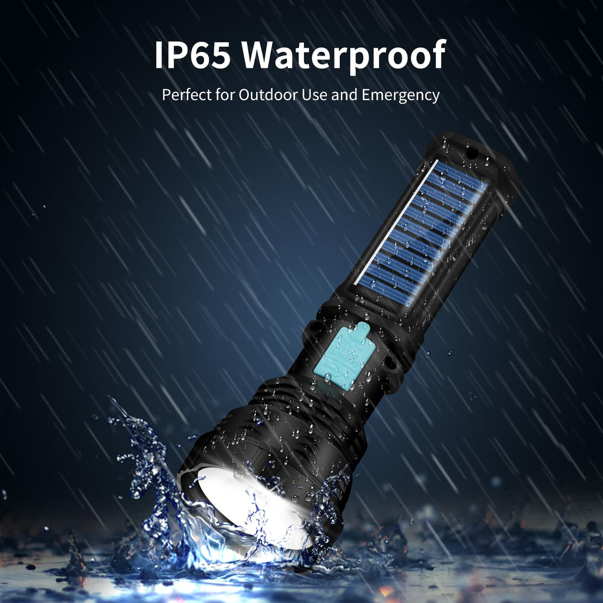 VOETIR LED solar flashlight rugged design ideal for camping.