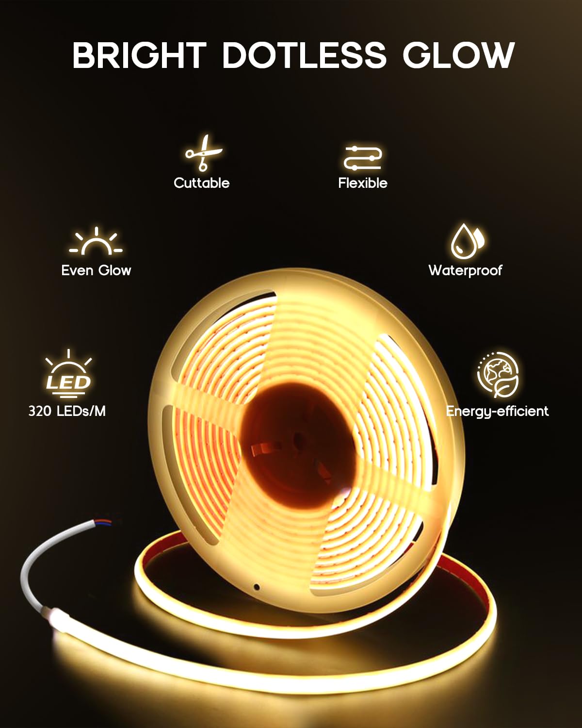 VOEWT COB LED strip IP67 waterproof closeup on rugged surface