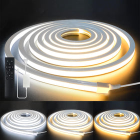 VOEWT LED strip lights on a mirror with even glow and adjustable brightness.