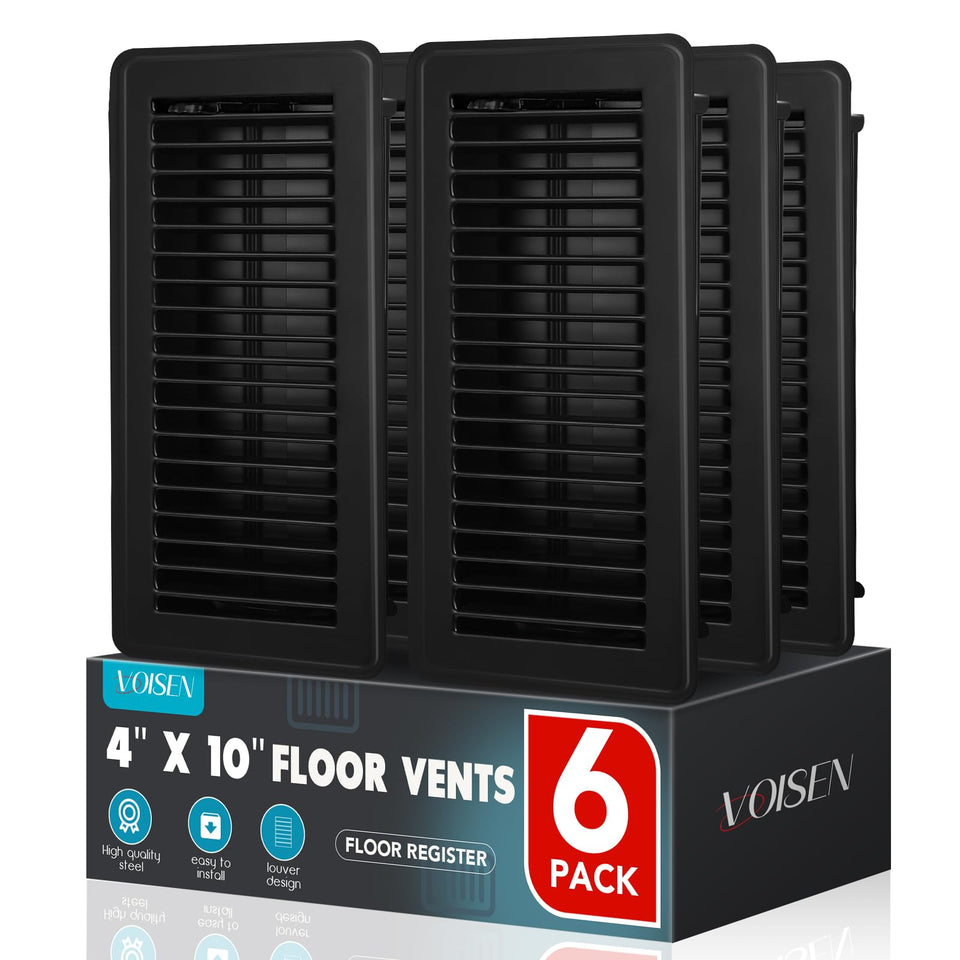 VOISEN Floor Register 4x10 front view in black, ready for quick drop-in ventilation