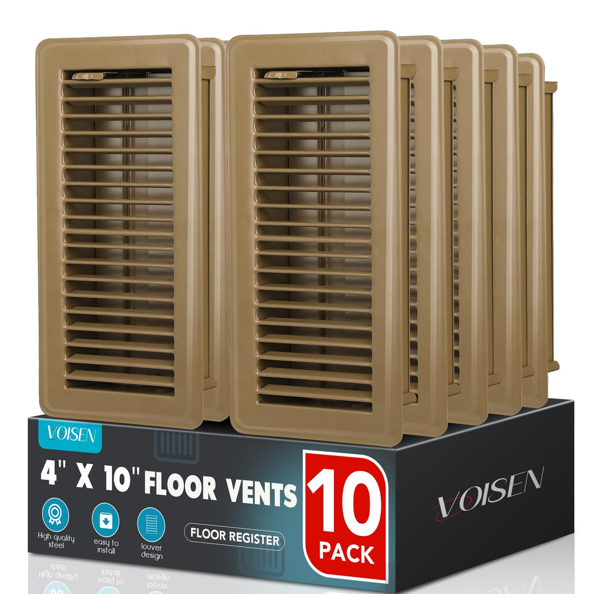 VOISEN floor register 4x10 in brown finish, durable steel vent cover for walkable floors.