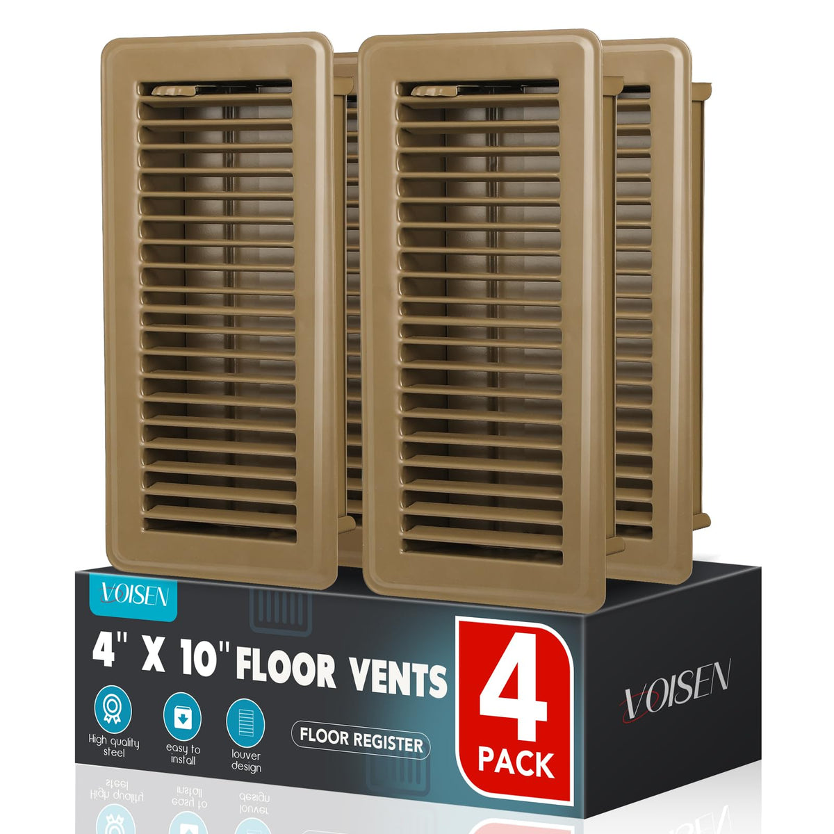 VOISEN floor register 4x10 shows sturdy steel vent cover for durable home ventilation.