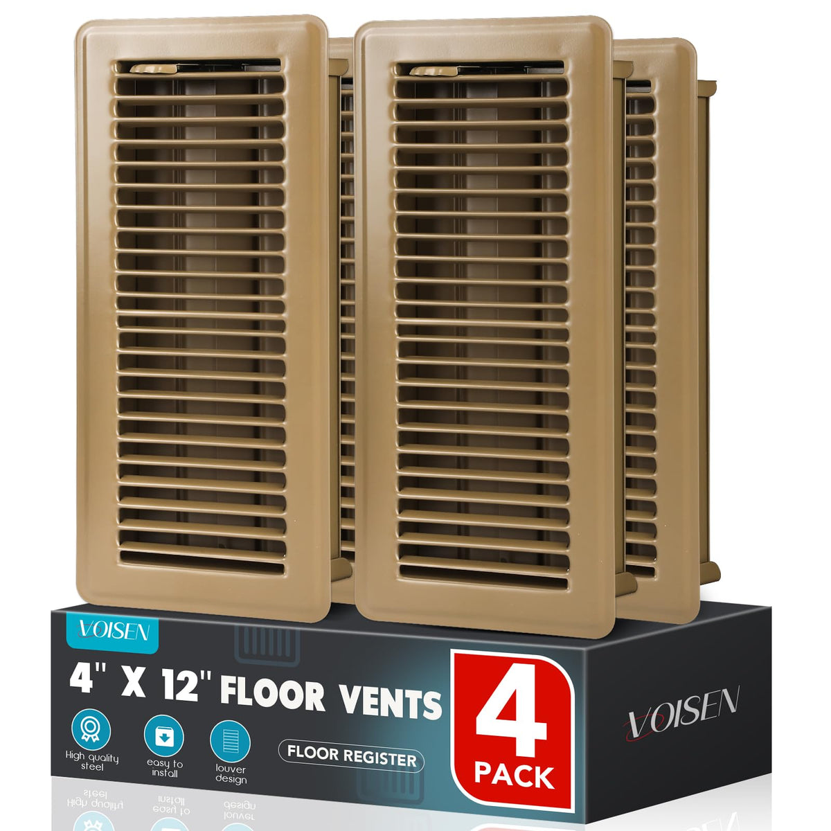 VOISEN floor register 4x12 front view shows adjustable louvers for precise airflow control.