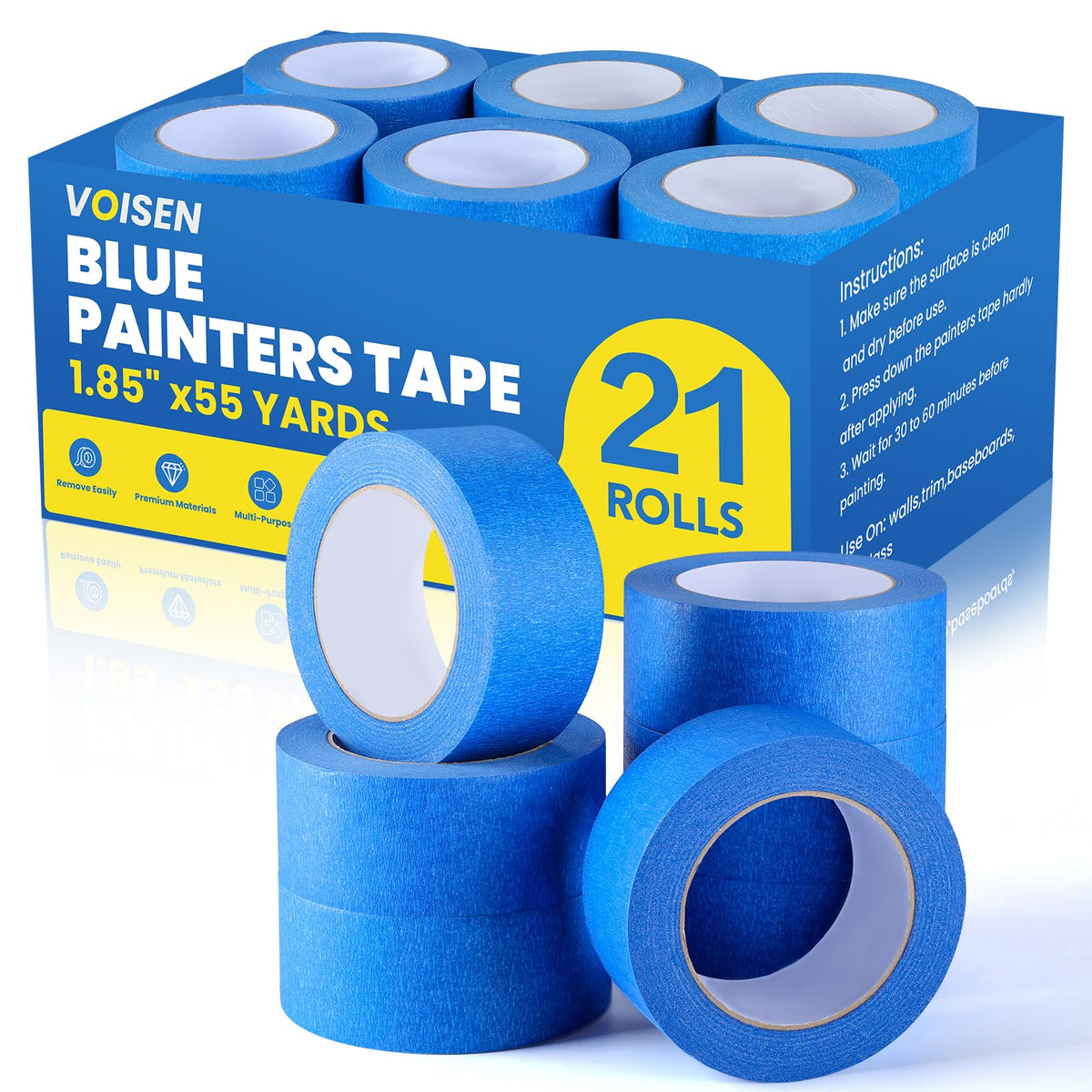 VOISEN painter's tape blue roll close-up for sharp lines and clean removal.