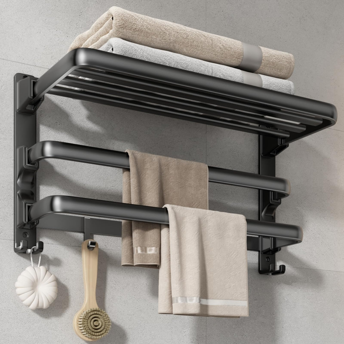 Voldra 24 inch towel rack with folding shelf in matte black space saving design