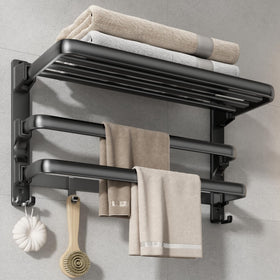 Voldra 24 inch towel rack with folding shelf in matte black space saving design