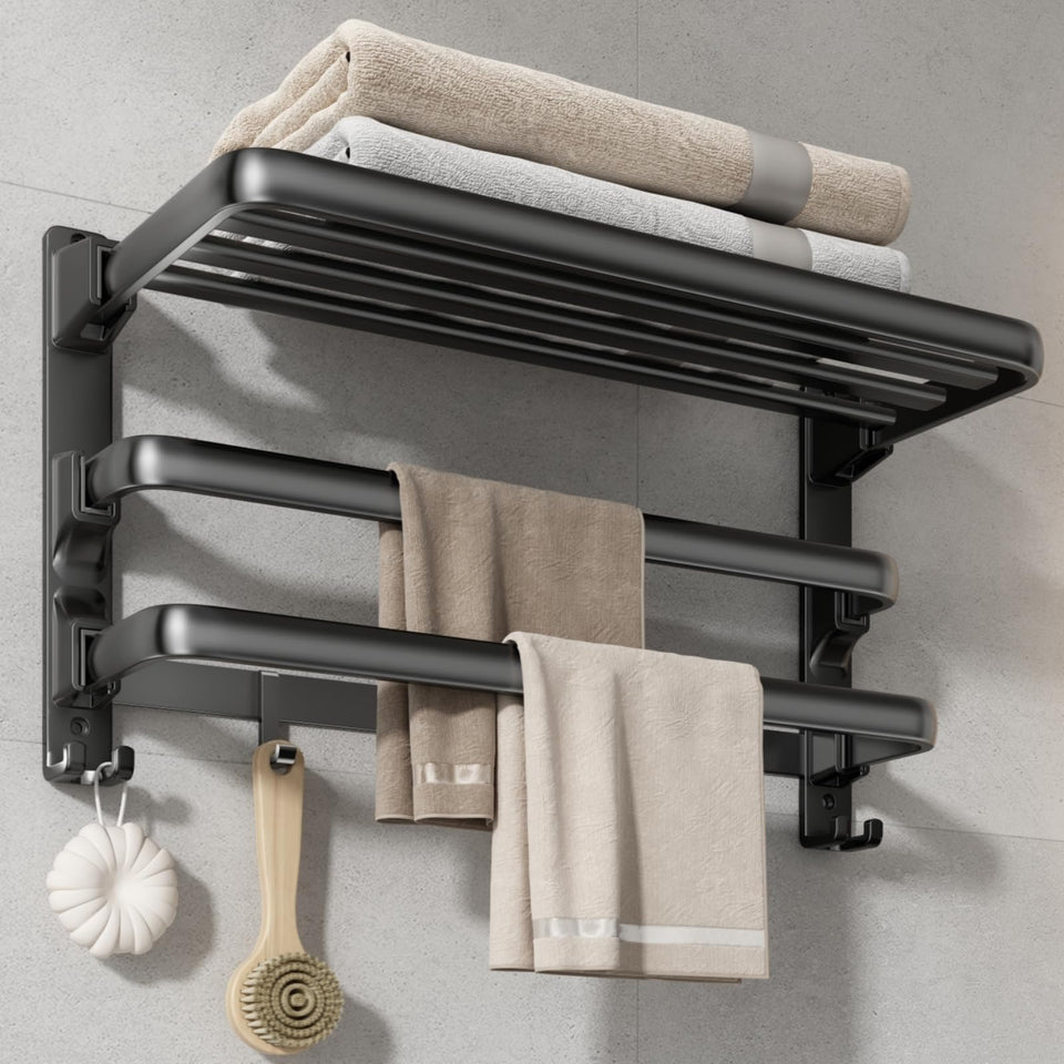 Voldra 24 inch towel rack with folding shelf in matte black space saving design