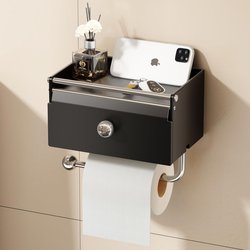 Voldra toilet paper holder with front flip lid for easy wipe access.
