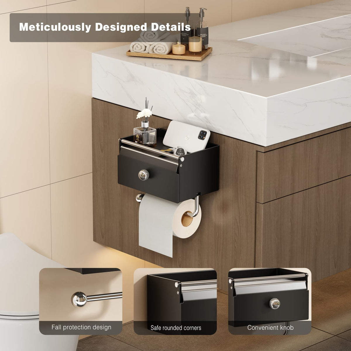 Voldra holder top shelf guard rail keeps items secure.