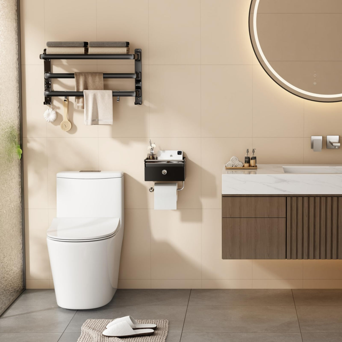 Voldra compact storage saves wall space while keeping essentials accessible.