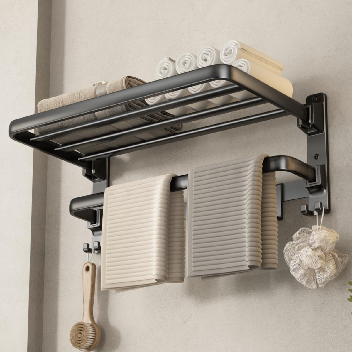VOLDRA foldable shelf at 90 degrees keeps small bathrooms clutter-free