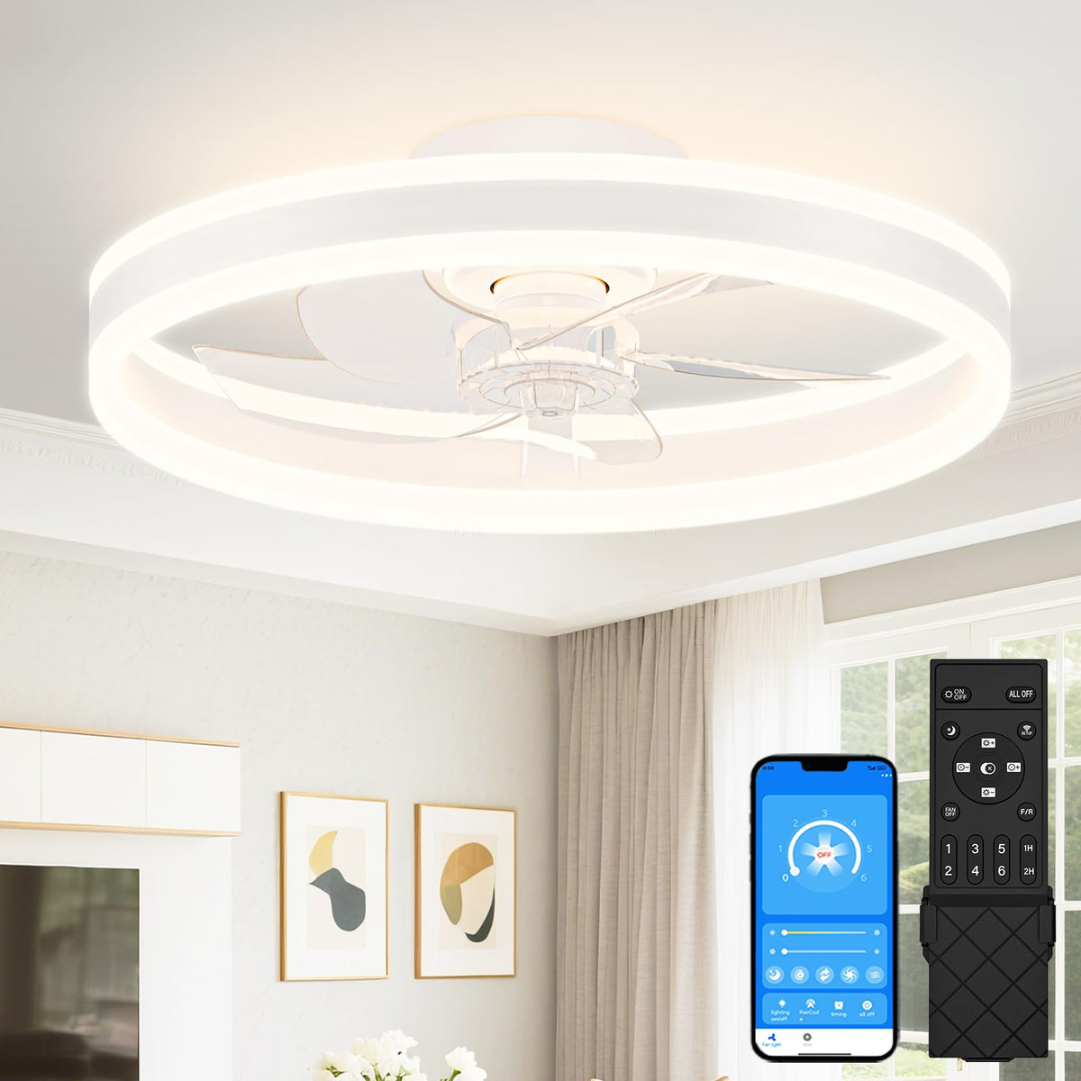 VOLISUN 20in low-profile fan-light with remote for customizable brightness and airflow.