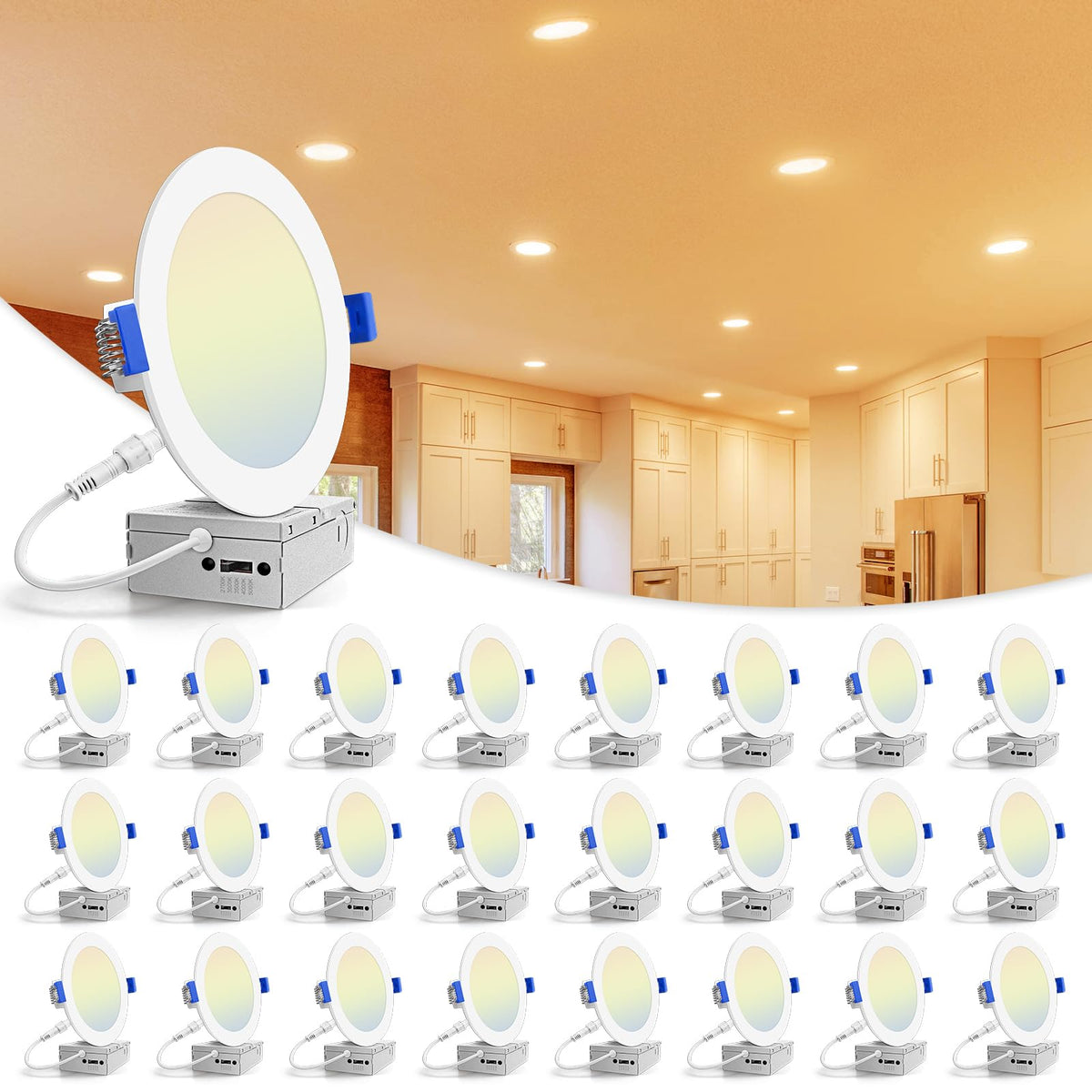 Volisun 24-pack 6-inch recessed light shows uniform ceiling illumination for kitchens and living spaces.