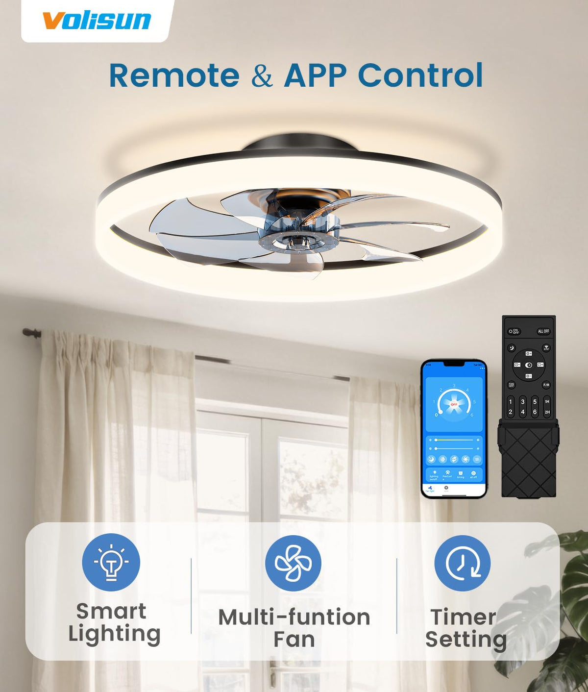VOLISUN 24in LED fandelier with warm to cool lighting for versatile ambience.