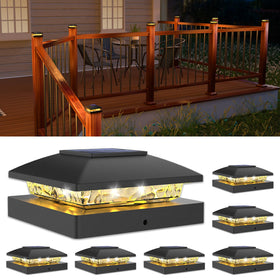 Volisun 4x4 solar post cap light on wood post provides warm pathway illumination