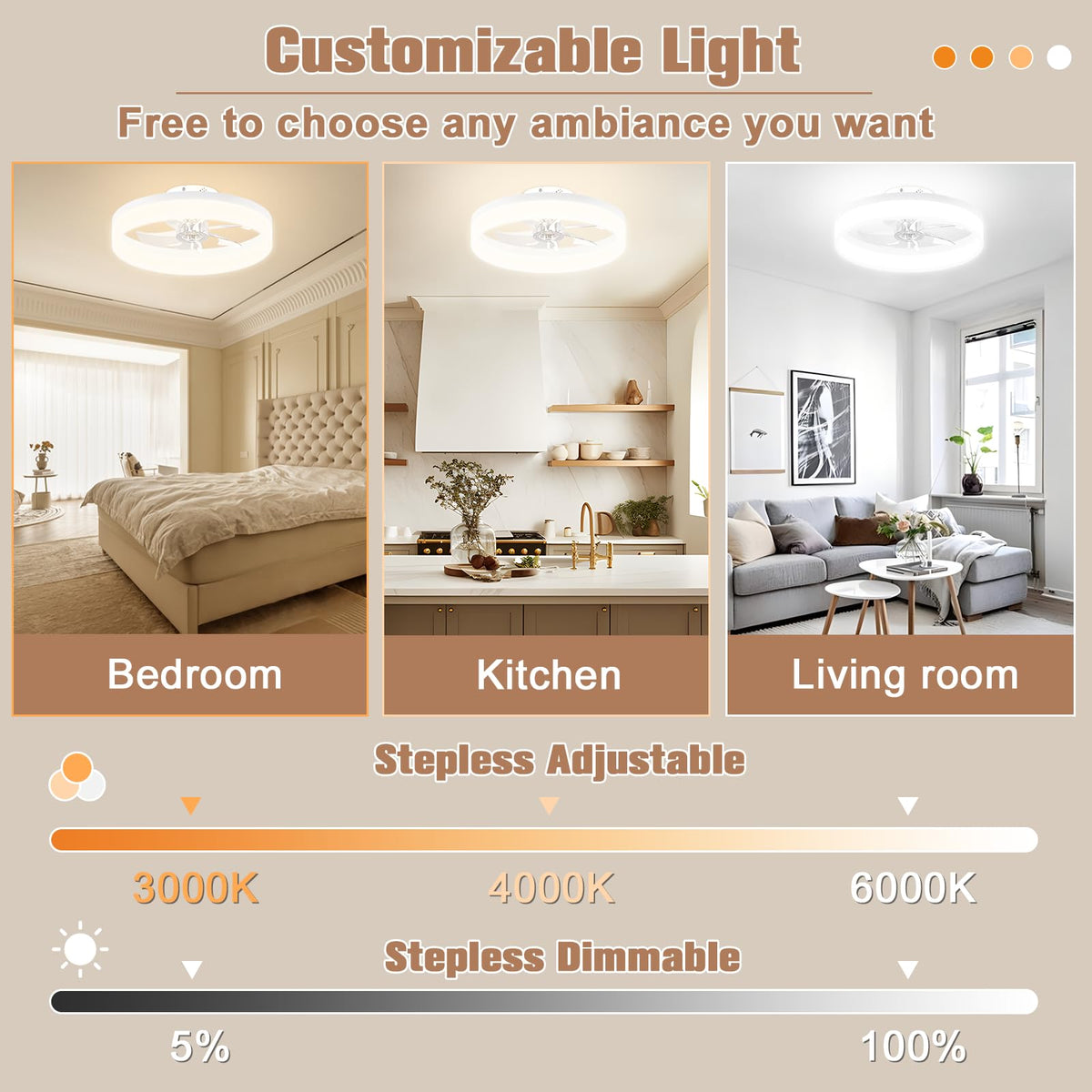 VOLISUN bladeless ceiling fan with dimmable light for customizable ambiance.