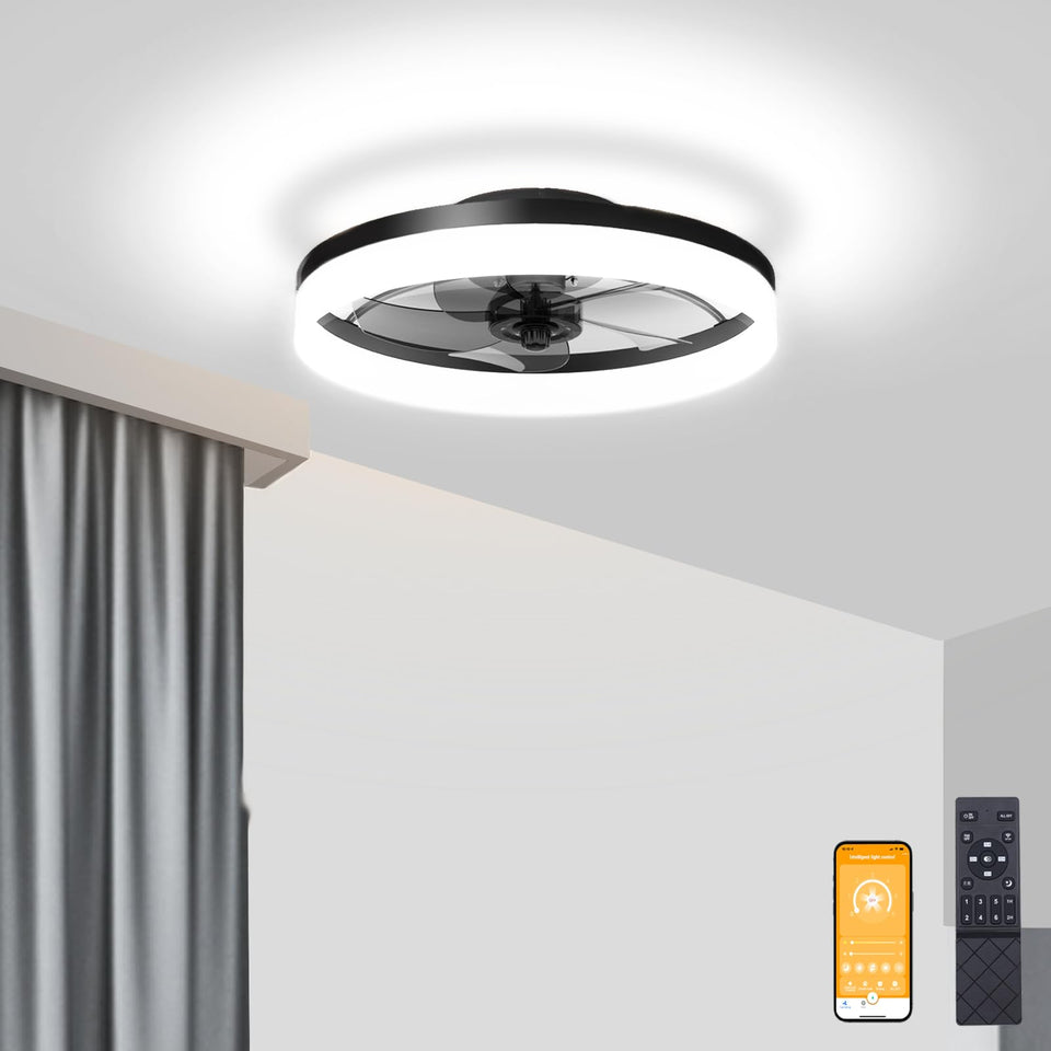 VOLISUN bladeless fandelier with remote for versatile lighting and airflow in a modern bedroom.