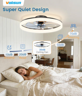 VOLISUN bladeless LED fan in a bedroom setup for safe, quiet comfort.