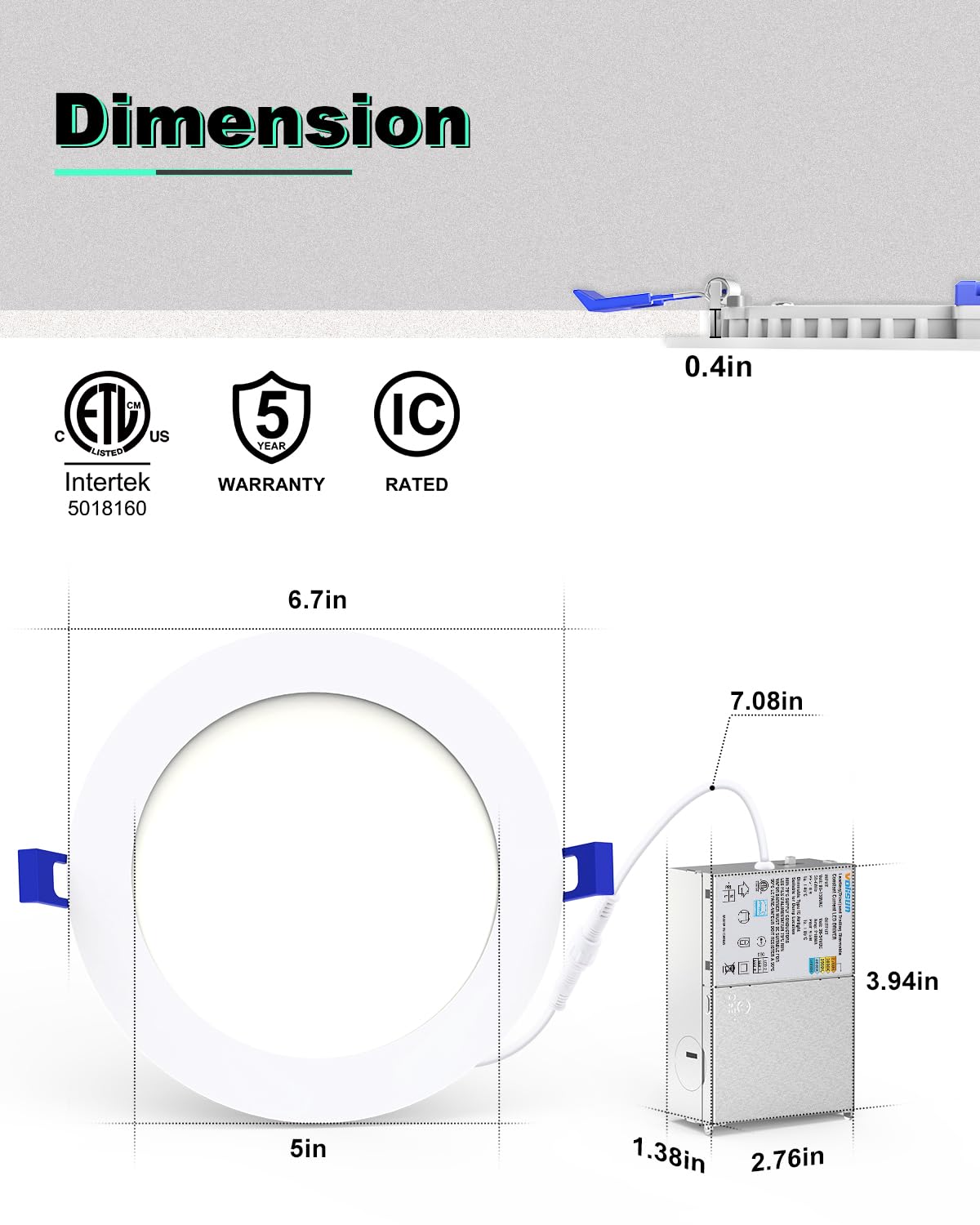 VOLISUN dimmable recessed light offers smooth, flicker-free brightness control.