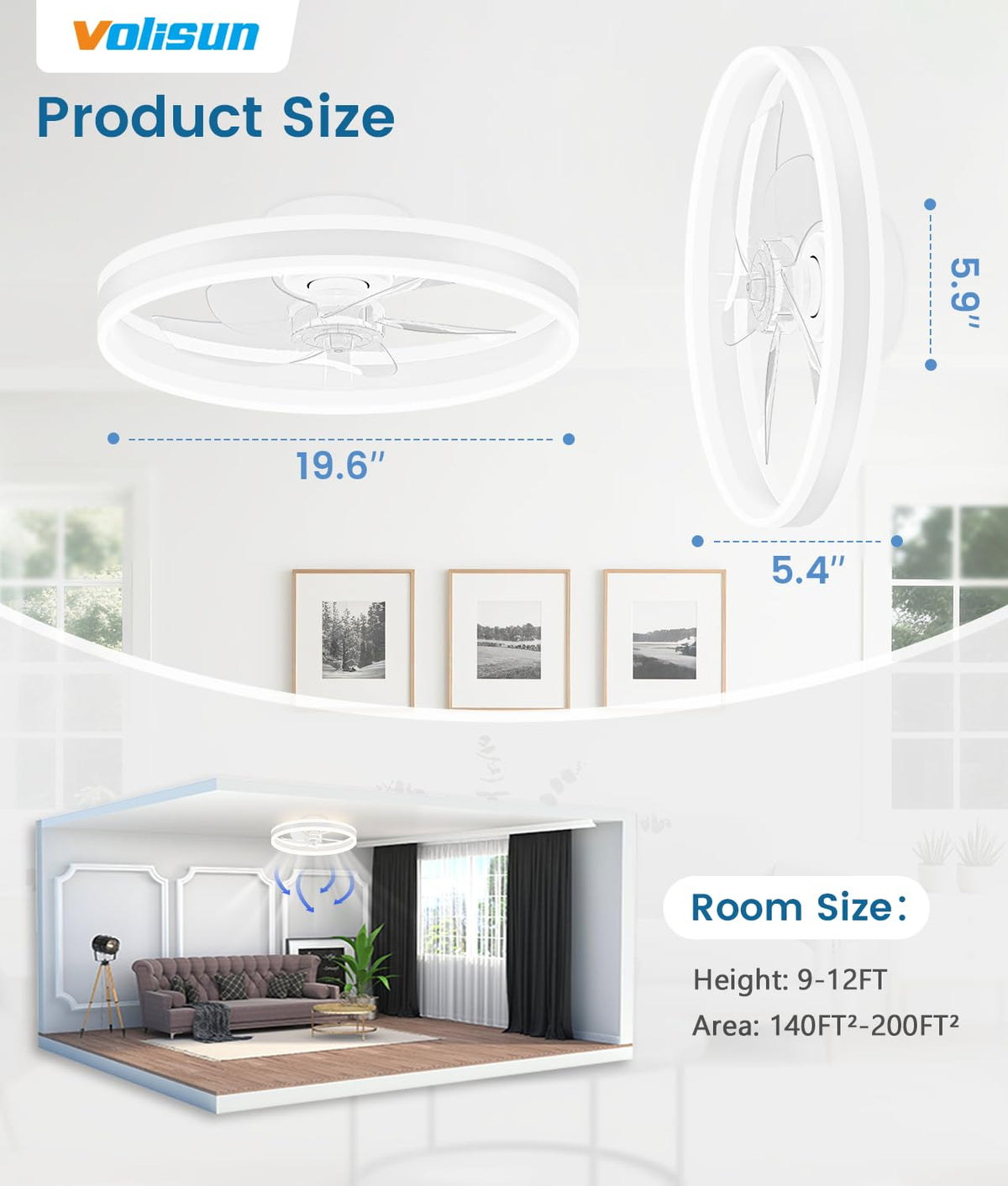 VOLISUN easy-install ceiling fan simplifies mounting and setup.