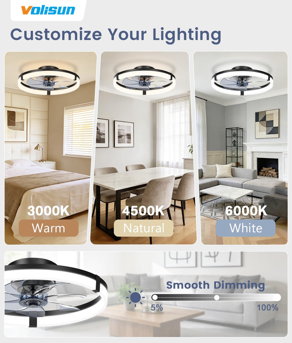 VOLISUN bladeless fandelier LED light with dimmable color temperature and remote