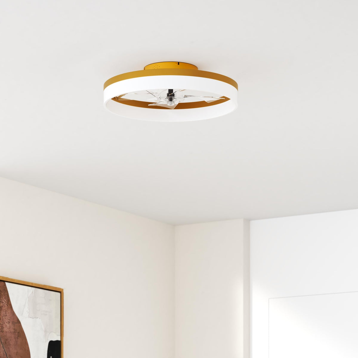 Volisun flush-mount ceiling fan with remote adds discreet cooling and soft lighting.