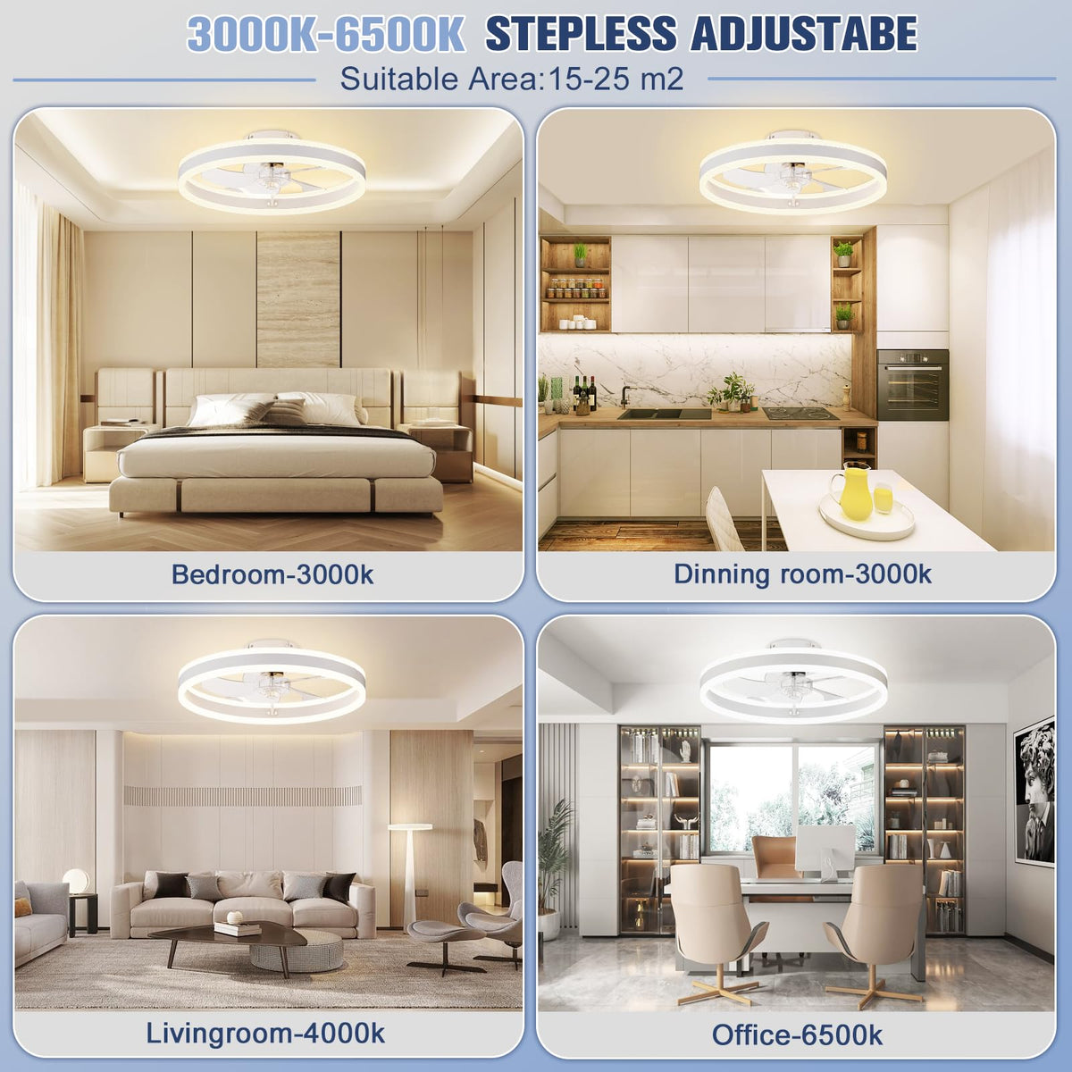 Volisun flush-mount fan light showing dimmable LED for versatile ambiance