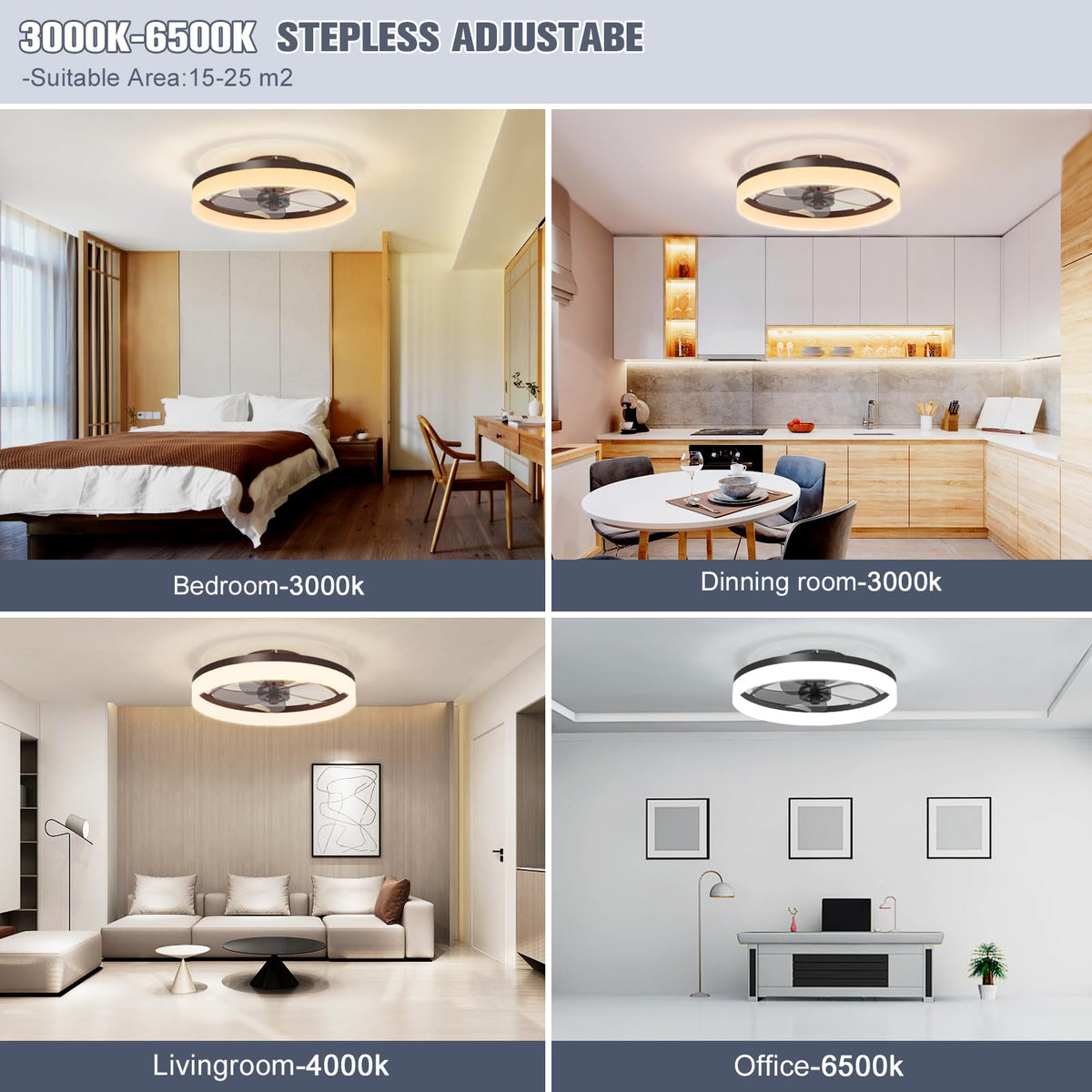 VOLISUN low-profile black fandelier provides stylish ceiling lighting and quiet rotation.