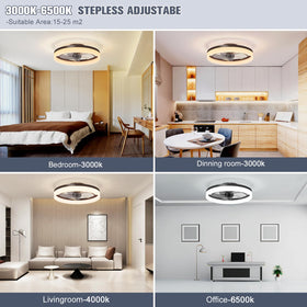 VOLISUN low-profile black fandelier provides stylish ceiling lighting and quiet rotation.