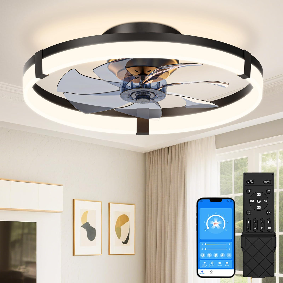 VOLISUN low-profile ceiling fan with remote and light providing adjustable brightness and airflow
