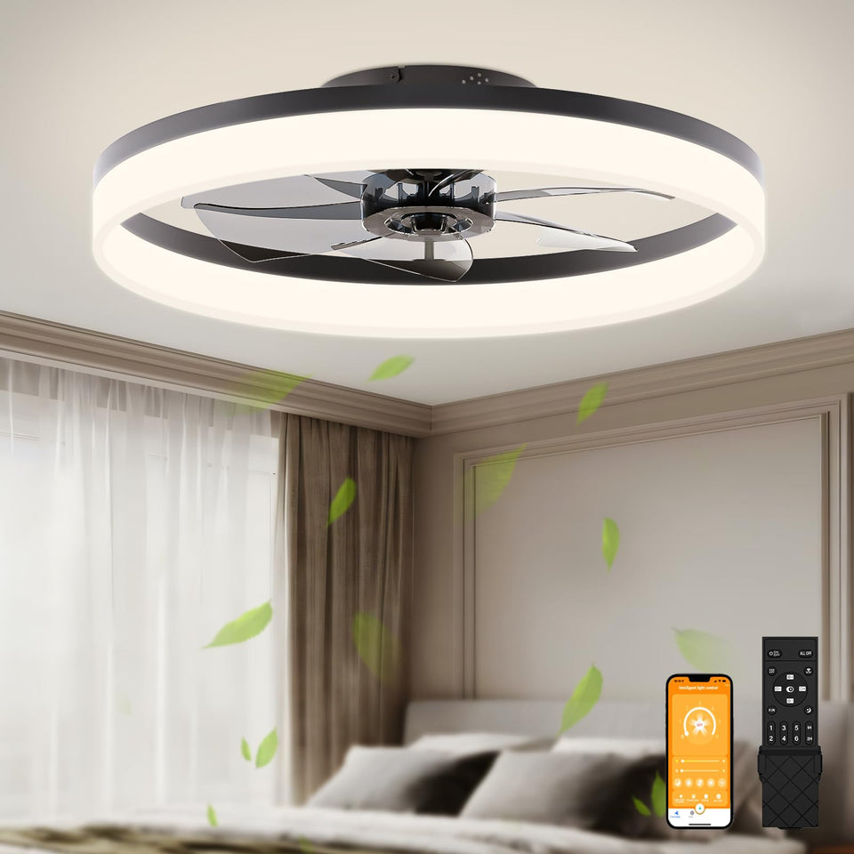 VOLISUN low-profile ceiling fan with remote for compact bedroom lighting.