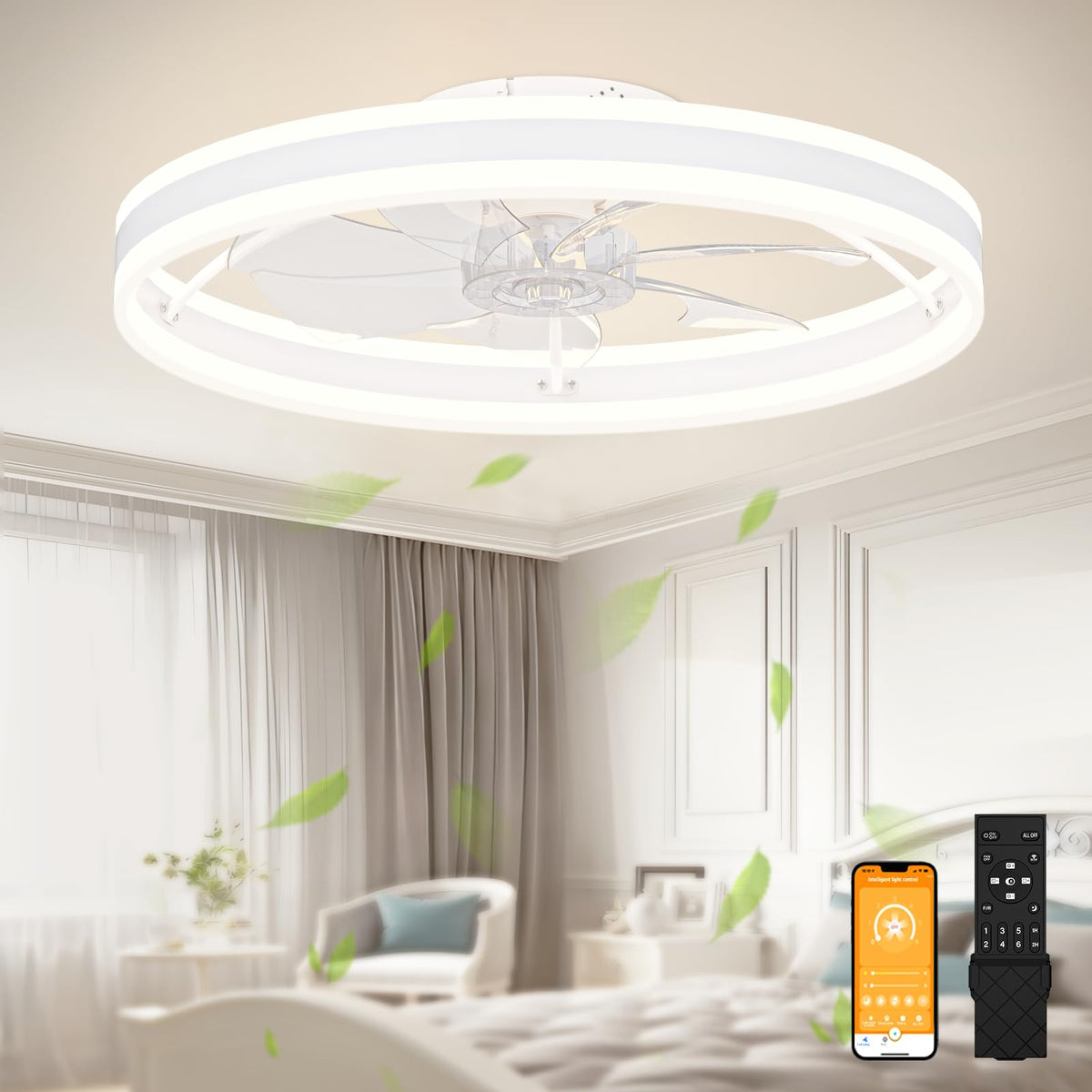 Volisun low profile ceiling fan with lights and remote for quiet ambient cooling.