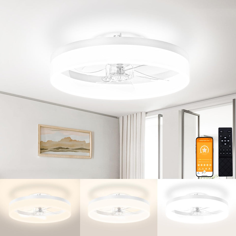 VOLISUN low-profile ceiling fan with remote in white finish for compact bedrooms.