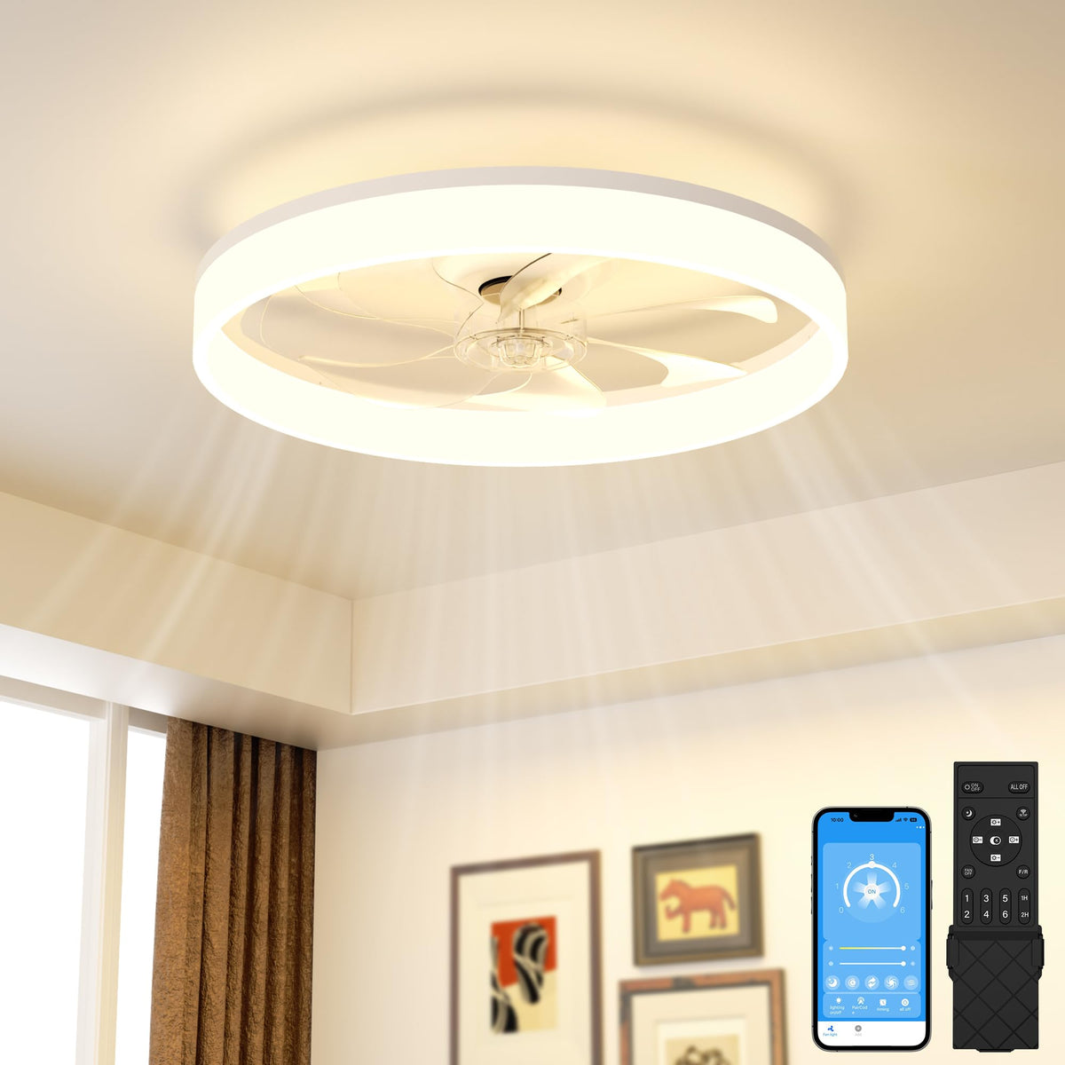 VOLISUN low-profile fandelier front view for space-saving bedrooms.