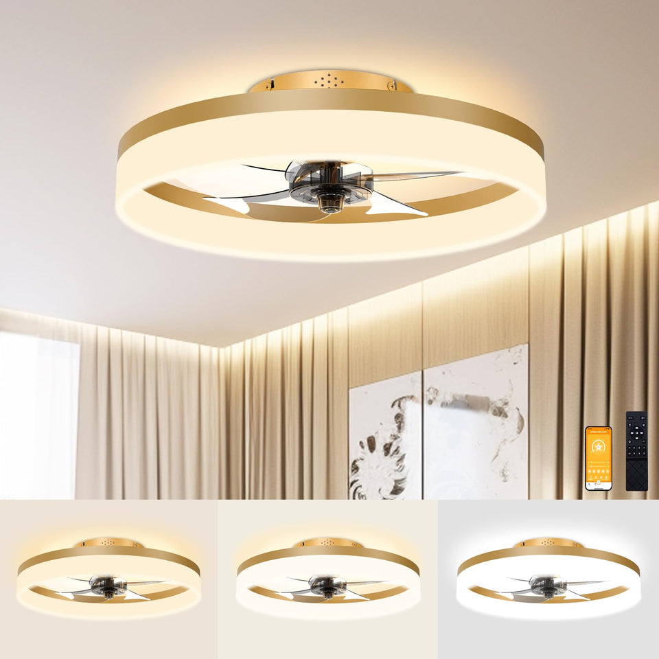 Volisun low-profile fandelier light with remote for quiet, energy-efficient bedroom illumination.