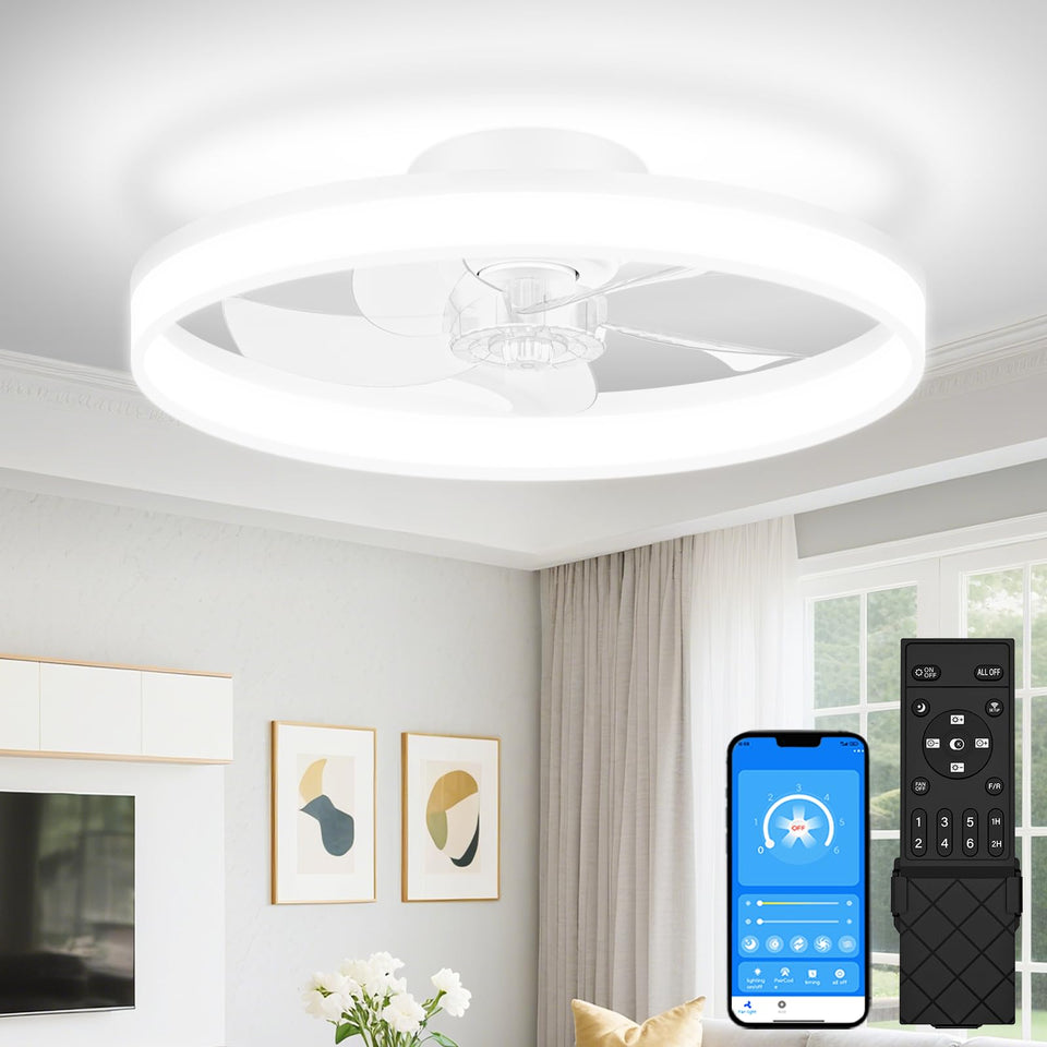 VOLISUN low-profile fandelier with remote provides versatile lighting and airflow for bedrooms.