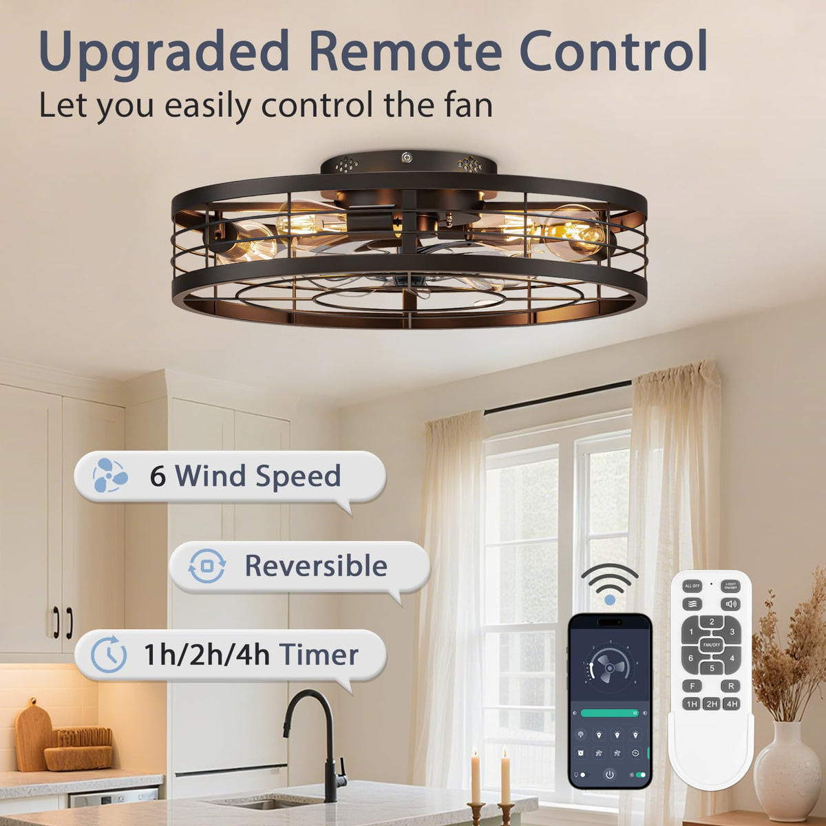 Volisun remote control enables easy speed and light adjustments.