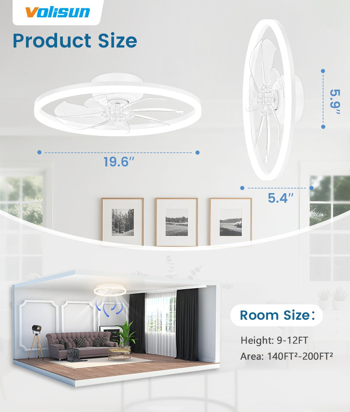 VOLISUN room ambiance for 15-25 m² spaces with efficient lighting.