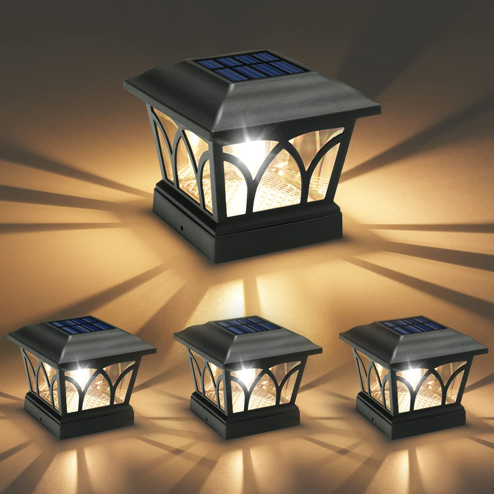 VOLISUN slate black post cap light on a wooden post with warm Edison glow for evenings.