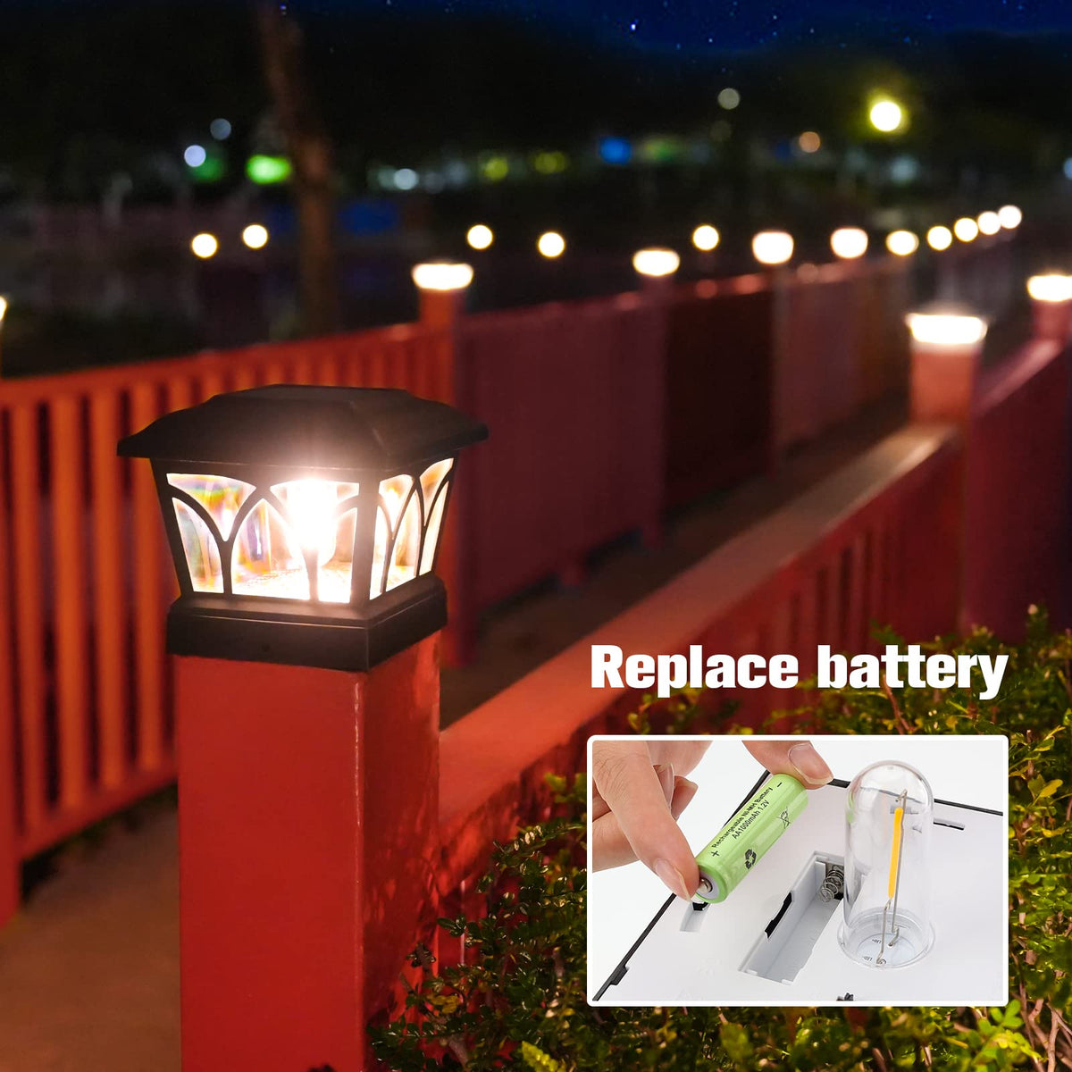 VOLISUN solar deck and fence light installed on a post with clear glow.